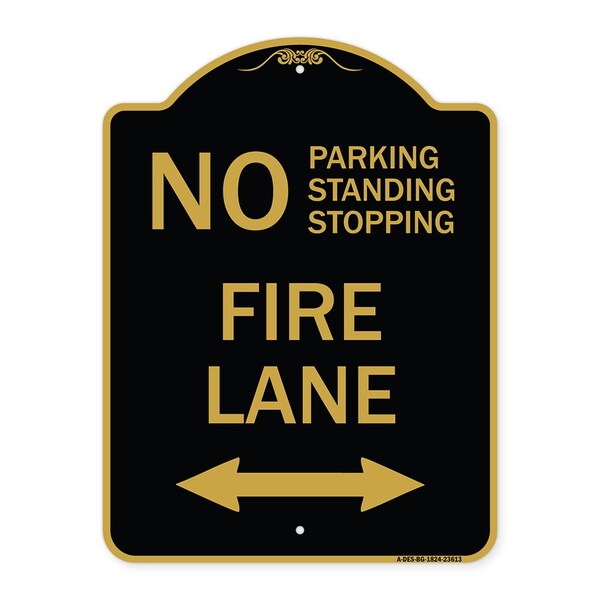 No Parking Standing or Stopping Fire Lane with Bidirectional Arrow, Black & Gold, BG-1824-23613